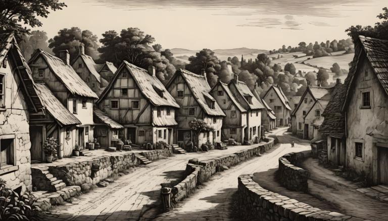 Copperplate Etching,Copperplate Etching, Village, village, monochrome, no humans, scenery, house, tree