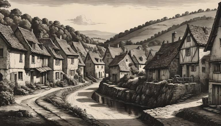 Copperplate Etching,Copperplate Etching, Village, village, no humans, monochrome, scenery, house, outdoors