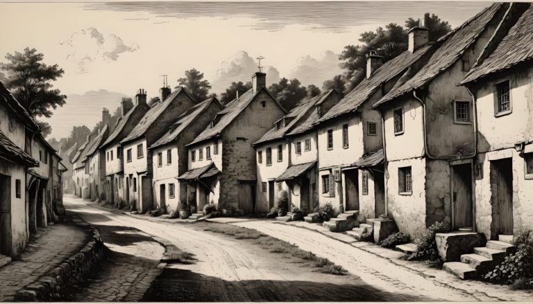 Copperplate Etching,Copperplate Etching, Village, village, no humans, monochrome, scenery, outdoors, house