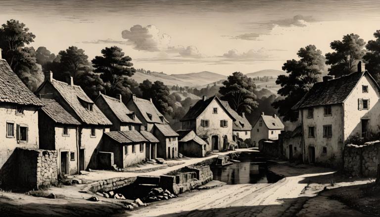 Copperplate Etching,Copperplate Etching, Village, village, no humans, monochrome, house, tree, scenery