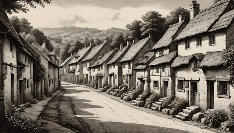 Copperplate Etching,Copperplate Etching, Village, village, no humans, monochrome, scenery, greyscale