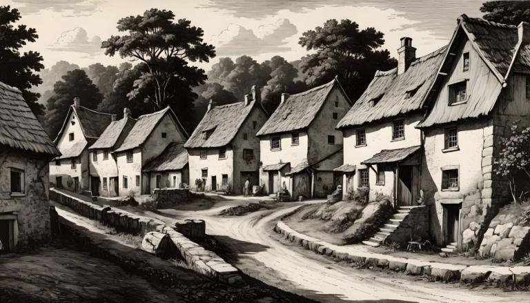 Copperplate Etching,Copperplate Etching, Village, village, no humans, monochrome, tree, scenery, greyscale