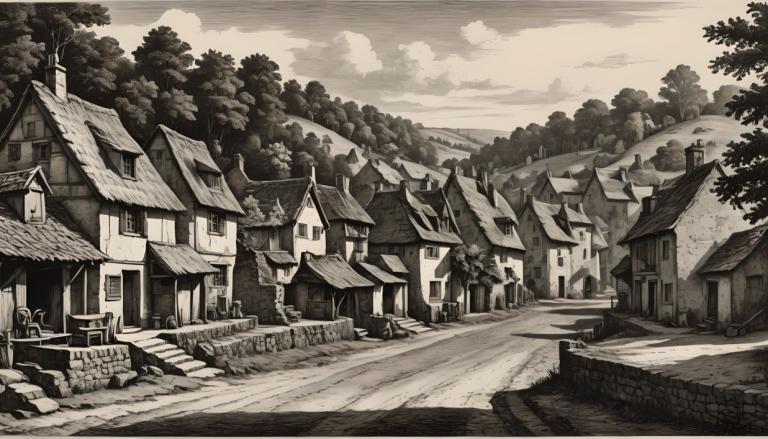 Copperplate Etching,Copperplate Etching, Village, village, monochrome, no humans, scenery, tree, outdoors