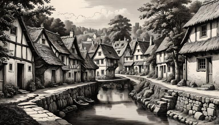 Copperplate Etching,Copperplate Etching, Village, village, monochrome, no humans, scenery, greyscale, tree