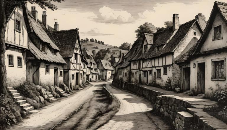 Copperplate Etching,Copperplate Etching, Village, village, no humans, monochrome, scenery, house, outdoors