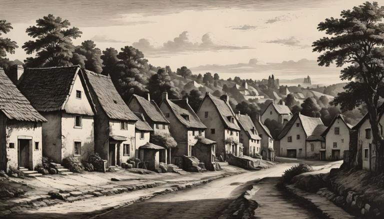 Copperplate Etching,Copperplate Etching, Village, village, no humans, tree, monochrome, scenery, outdoors