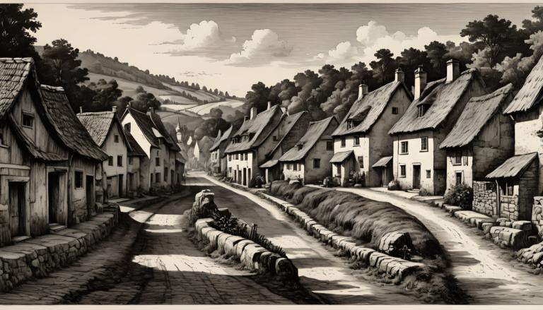 Copperplate Etching,Copperplate Etching, Village, village, monochrome, no humans, tree, scenery, house, cloud