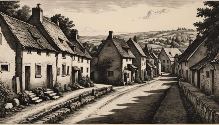 Copperplate Etching,Copperplate Etching, Village, village, no humans, monochrome, scenery, house, outdoors