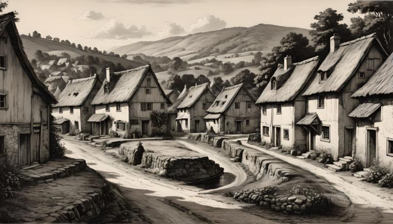 Copperplate Etching,Copperplate Etching, Village, village, no humans, monochrome, scenery, house, outdoors