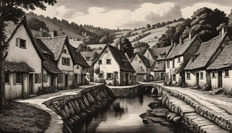 Copperplate Etching,Copperplate Etching, Village, village, monochrome, scenery, no humans, tree, house