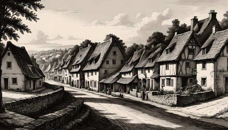 Copperplate Etching,Copperplate Etching, Village, village, no humans, monochrome, scenery, house, outdoors