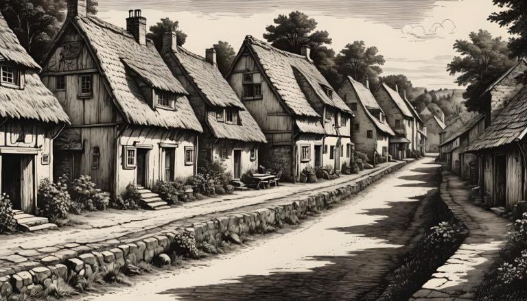 Copperplate Etching,Copperplate Etching, Village, village, no humans, monochrome, house, scenery, tree