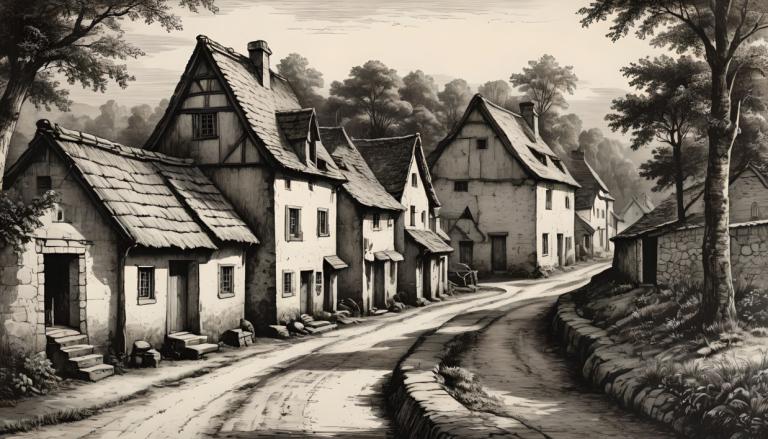 Copperplate Etching,Copperplate Etching, Village, village, no humans, tree, monochrome, scenery, house