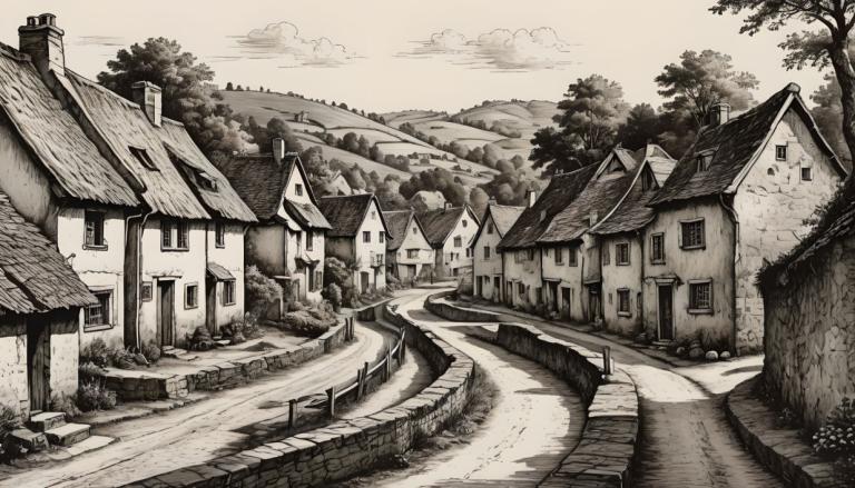 Copperplate Etching,Copperplate Etching, Village, village, no humans, monochrome, scenery, tree, house