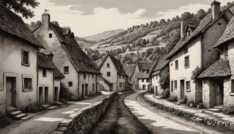 Copperplate Etching,Copperplate Etching, Village, village, no humans, monochrome, scenery, house, outdoors