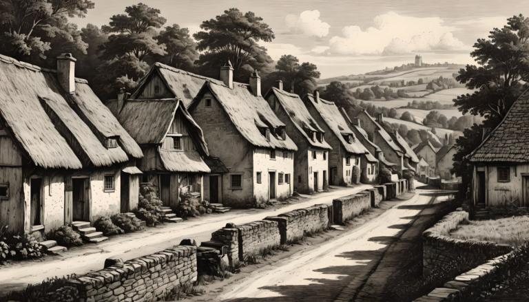 Copperplate Etching,Copperplate Etching, Village, village, monochrome, no humans, scenery, tree, outdoors