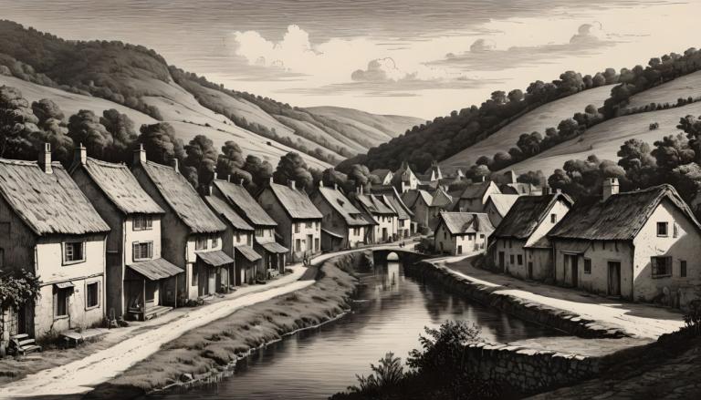 Copperplate Etching,Copperplate Etching, Village, village, no humans, monochrome, scenery, outdoors, house