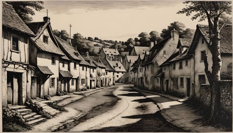 Copperplate Etching,Copperplate Etching, Village, village, no humans, monochrome, tree, scenery, house