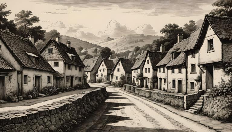 Copperplate Etching,Copperplate Etching, Village, village, no humans, monochrome, scenery, house, outdoors