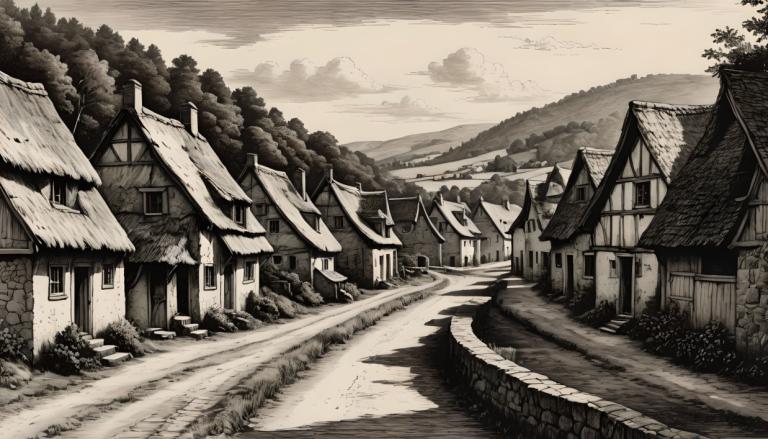 Copperplate Etching,Copperplate Etching, Village, village, no humans, monochrome, scenery, outdoors, tree