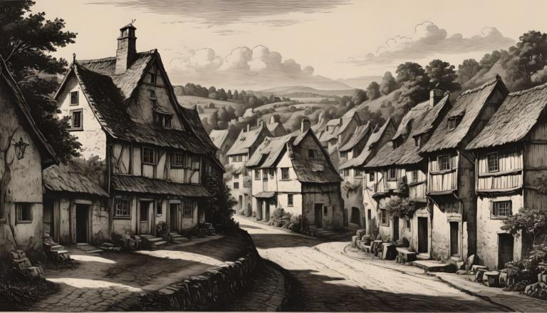 Copperplate Etching,Copperplate Etching, Village, village, no humans, monochrome, scenery, tree, outdoors