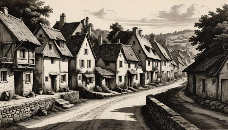 Copperplate Etching,Copperplate Etching, Village, village, no humans, monochrome, scenery, house, outdoors