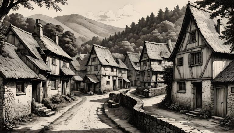 Copperplate Etching,Copperplate Etching, Village, village, no humans, monochrome, scenery, house, tree