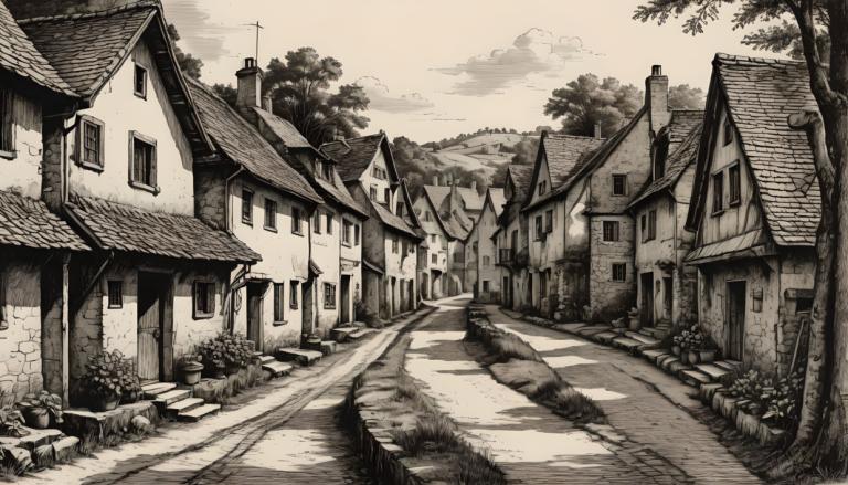 Copperplate Etching,Copperplate Etching, Village, village, no humans, monochrome, scenery, tree, house