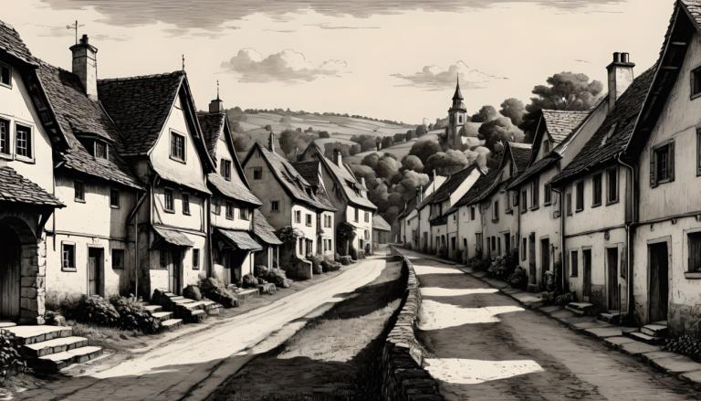 Copperplate Etching,Copperplate Etching, Village, village, no humans, monochrome, scenery, road, tree