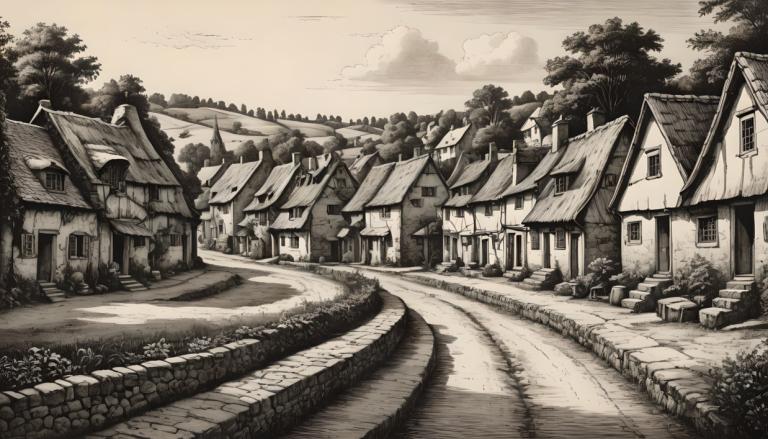 Copperplate Etching,Copperplate Etching, Village, village, no humans, monochrome, scenery, outdoors, house