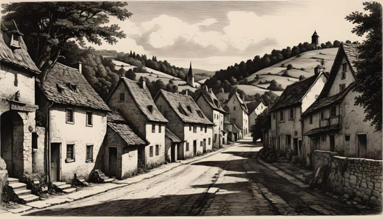 Copperplate Etching,Copperplate Etching, Village, village, monochrome, tree, scenery, no humans, greyscale