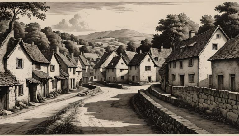 Copperplate Etching,Copperplate Etching, Village, village, no humans, monochrome, tree, house, scenery