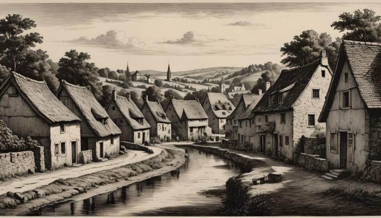 Copperplate Etching,Copperplate Etching, Village, village, monochrome, no humans, scenery, tree, outdoors