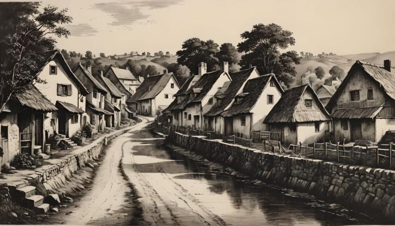 Copperplate Etching,Copperplate Etching, Village, village, no humans, monochrome, house, tree, scenery