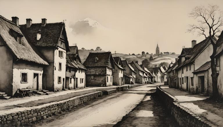 Copperplate Etching,Copperplate Etching, Village, village, no humans, monochrome, scenery, tree, house