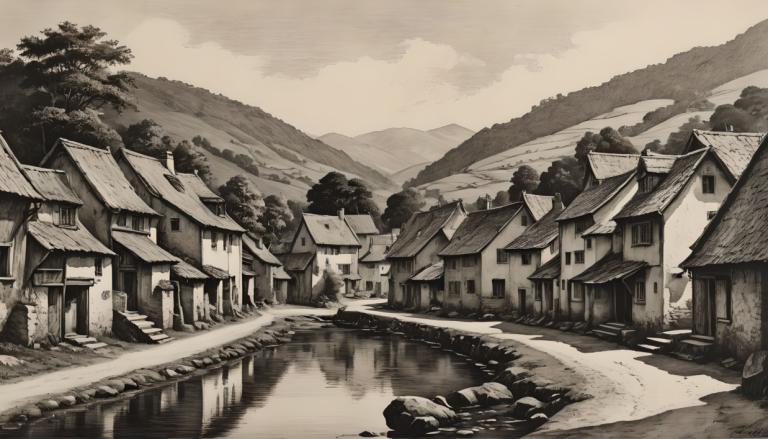 Copperplate Etching,Copperplate Etching, Village, village, monochrome, no humans, scenery, greyscale