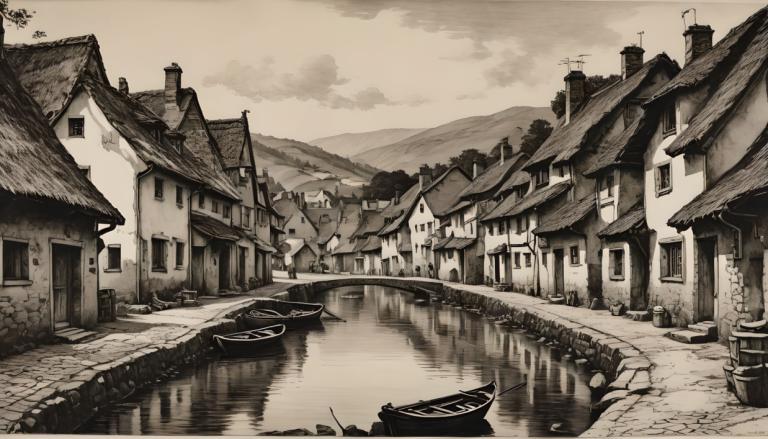 Copperplate Etching,Copperplate Etching, Village, village, monochrome, scenery, no humans, water, outdoors