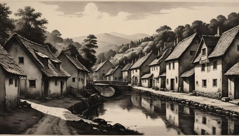 Copperplate Etching,Copperplate Etching, Village, village, no humans, monochrome, scenery, house, tree