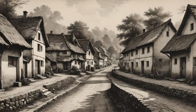 Copperplate Etching,Copperplate Etching, Village, village, no humans, monochrome, scenery, tree, house