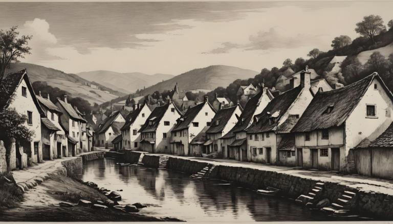 Copperplate Etching,Copperplate Etching, Village, village, monochrome, no humans, scenery, tree, greyscale