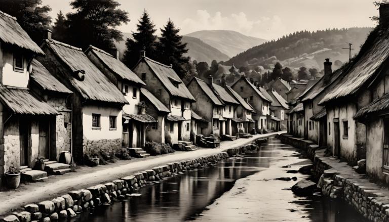 Copperplate Etching,Copperplate Etching, Village, village, monochrome, no humans, scenery, greyscale, tree