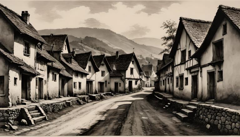 Copperplate Etching,Copperplate Etching, Village, village, monochrome, scenery, no humans, house, outdoors