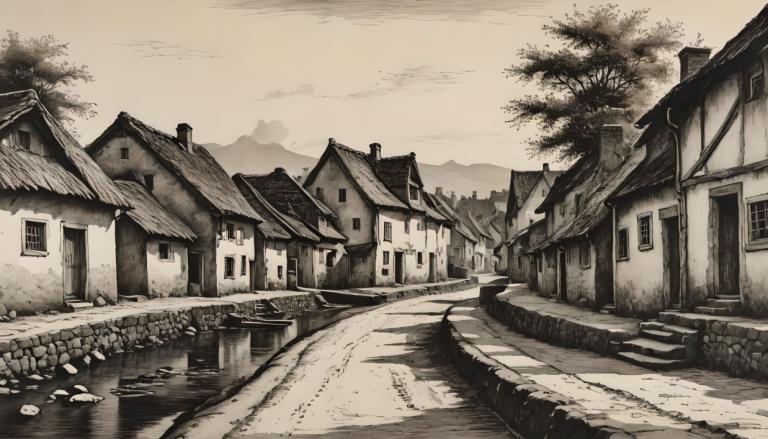 Copperplate Etching,Copperplate Etching, Village, village, no humans, monochrome, scenery, house, tree