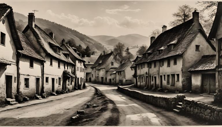 Trawienie miedziorytu,Trawienie miedziorytu, Wieś, wieś, żadnych ludzi, monochromia, sceneria, drzewo