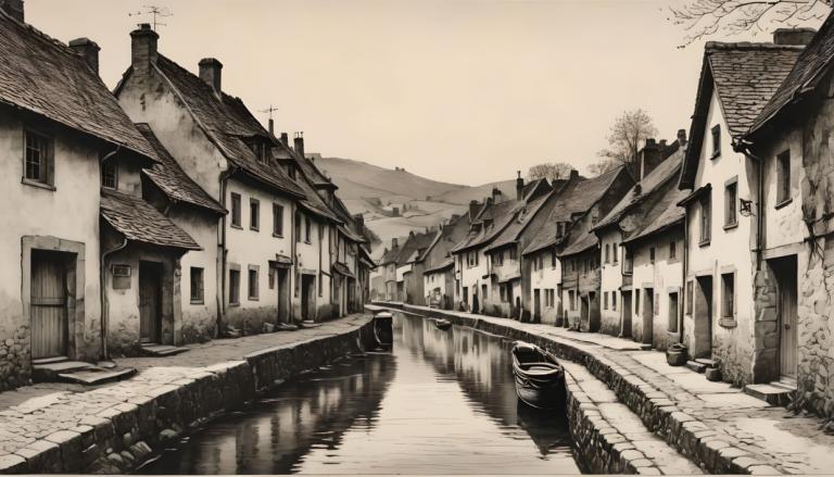 Copperplate Etching,Copperplate Etching, Village, village, scenery, no humans, monochrome, outdoors, tree