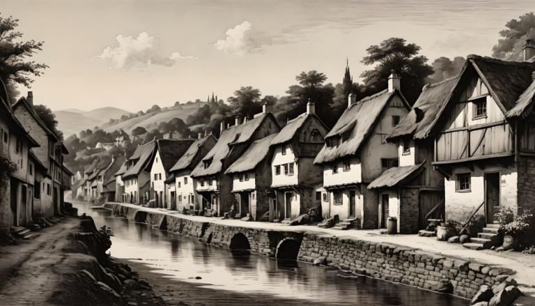 Copperplate Etching,Copperplate Etching, Village, village, monochrome, scenery, no humans, tree, cloud, sky