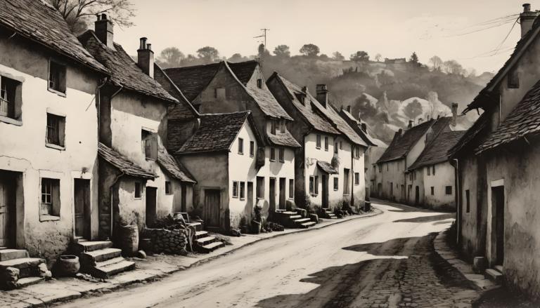 Copperplate Etching,Copperplate Etching, Village, village, monochrome, scenery, house, no humans, greyscale