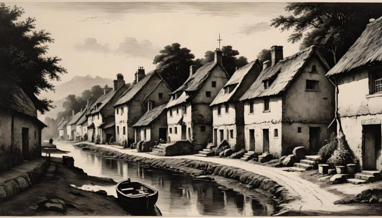 Copperplate Etching,Copperplate Etching, Village, village, monochrome, scenery, no humans, tree, building