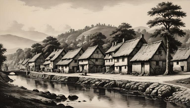 Copperplate Etching,Copperplate Etching, Village, village, monochrome, tree, scenery, no humans, outdoors