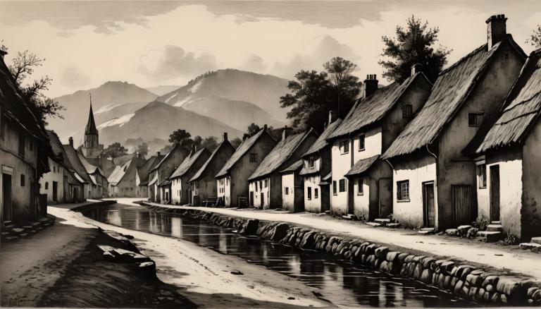 Copperplate Etching,Copperplate Etching, Village, village, no humans, monochrome, scenery, outdoors, tree